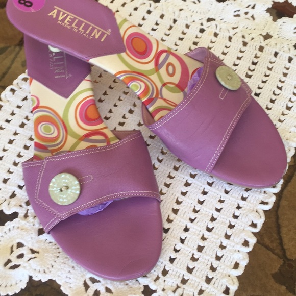 Avellini Lilac Purple Leather Button Kitten Heels, Sandals - Picture 2 of 5